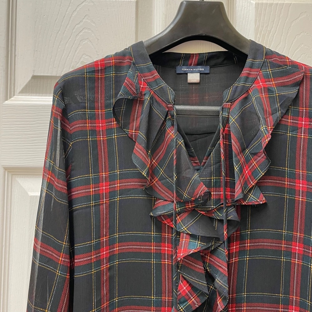 Tommy Hilfiger Women's L Red Tartan Plaid V-Neck Long Sleeve Ruffle‎ Academia
